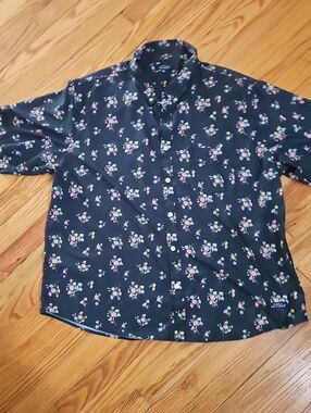 Simply Southern Navy Floral Button-Up Shirt with Pink and Yellow Accents